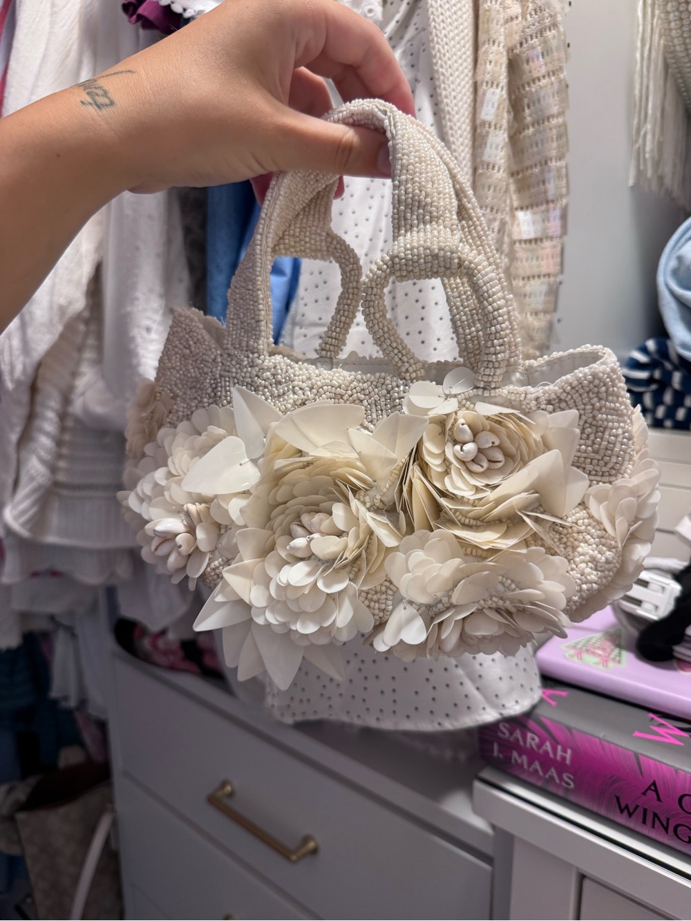 Elegant Beaded Floral Tote Bag in Cream